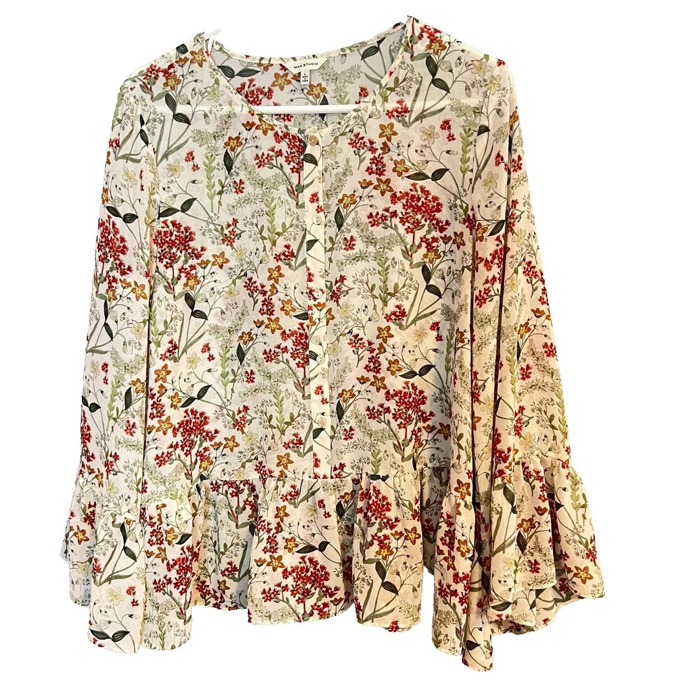 Max Studio Sheer Floral Flared Sleeve Flowy Boho Top Blouse Women's Size Large